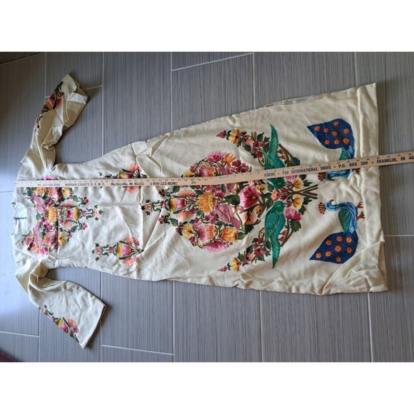 Heavily Embroidered Women's S Maxi Kaftan Dress Multicolor Peacock Bird Floral - Picture 11 of 12